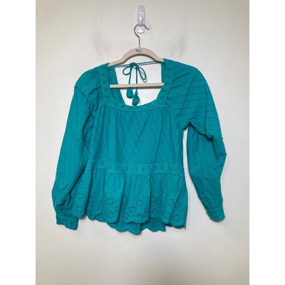 Mahila Teal Eyelet Peasant Top Sz M - Picture 1 of 2
